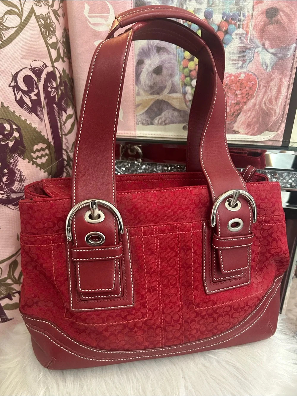 Y2K Vintage 2007 Coach SoHo Cherry Red Canvas Signature C Logo Tote Shoulder Bag